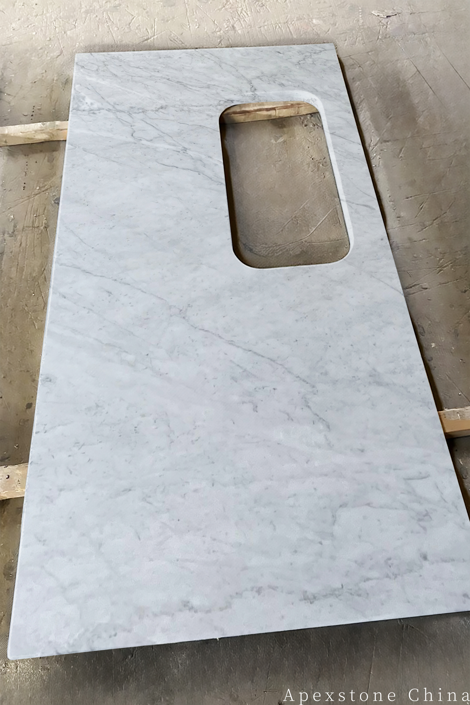 Statuario Venato marble island countertops in fabrication