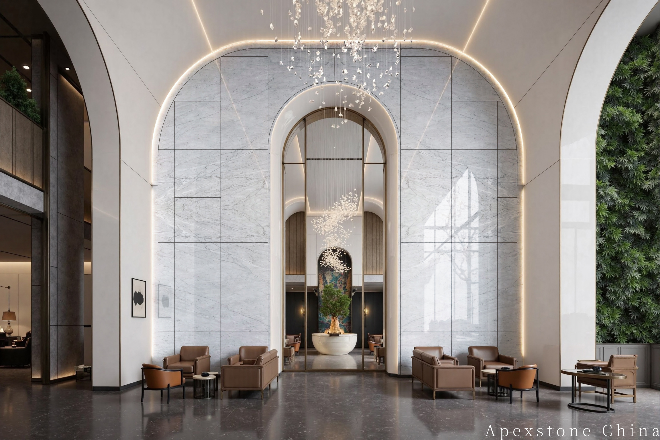 Statuario Venato marble hotel lobby waiting area stone wall