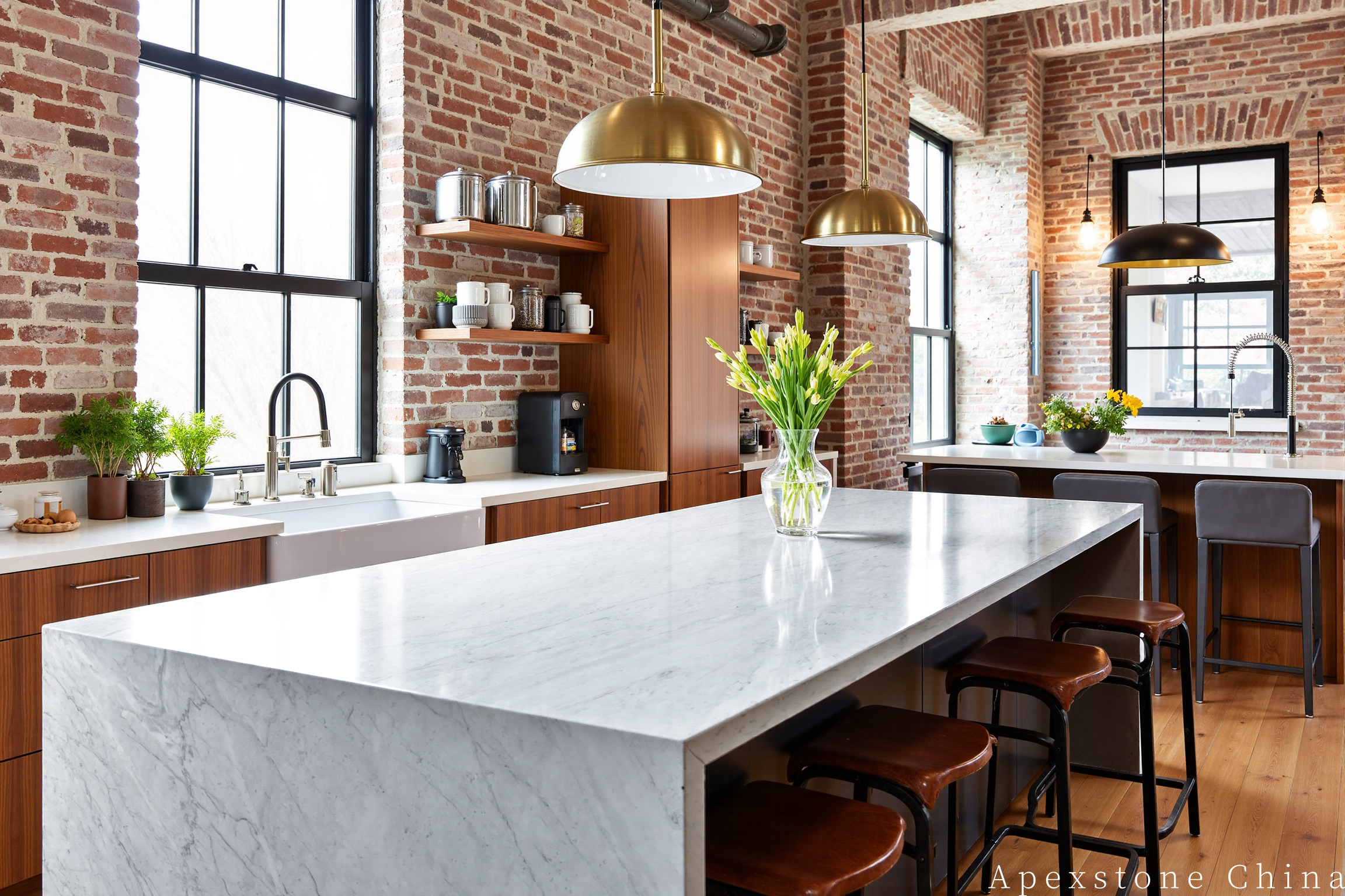 Statuario Venato Marble waterfall kitchen island