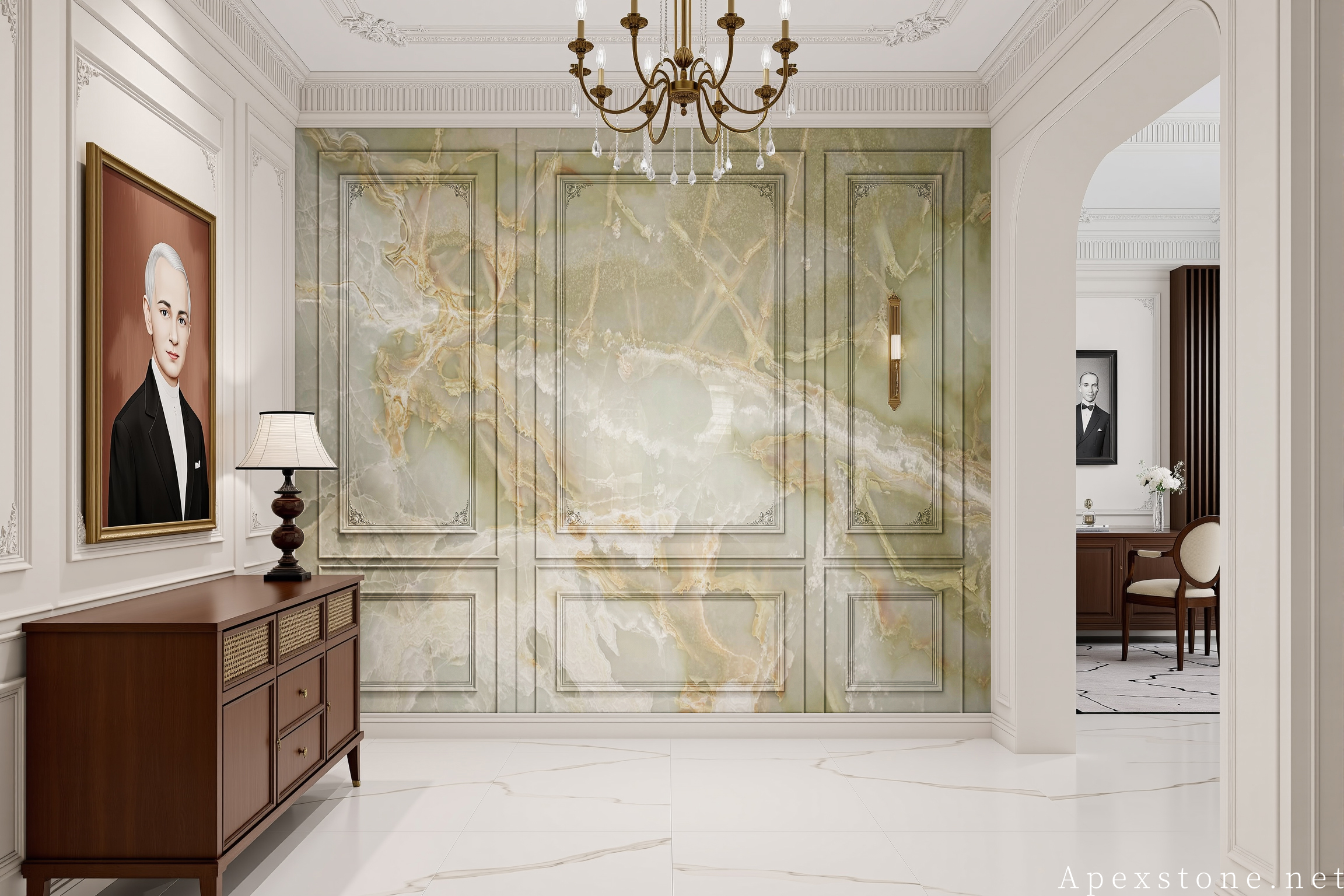 Green Onyx entryway feature wall in a luxury interior