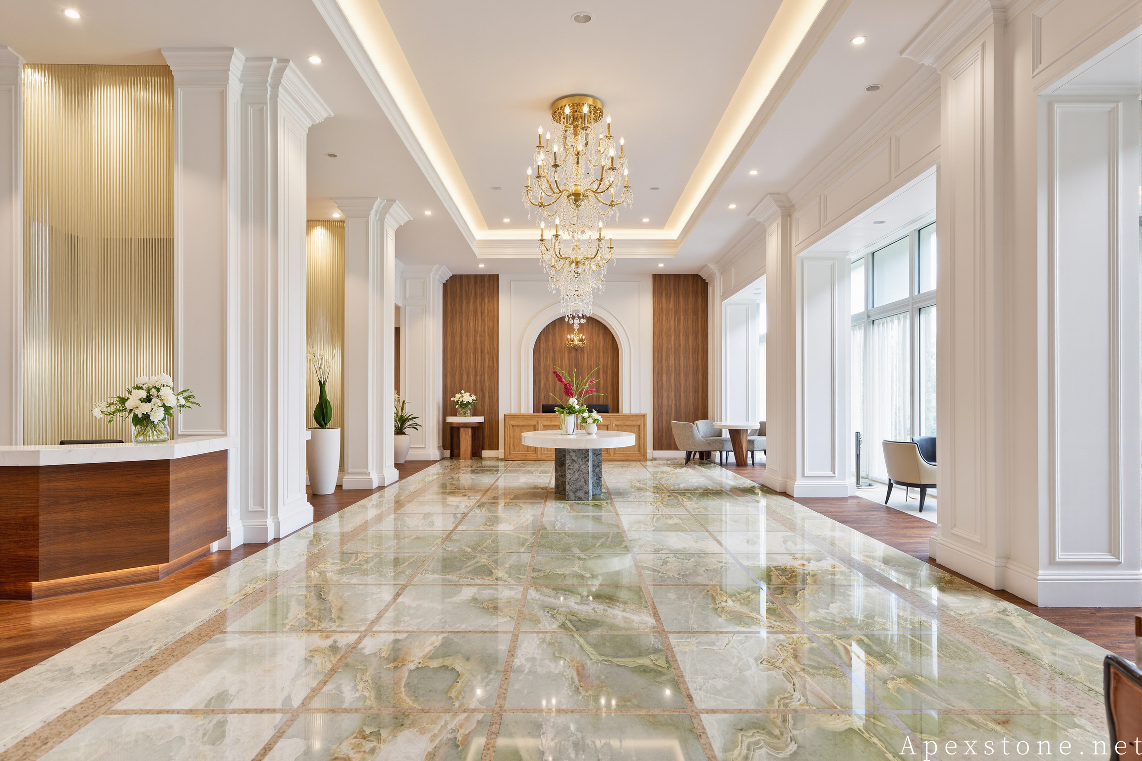 Green Onyx hotel interior with translucent green stone surfaces