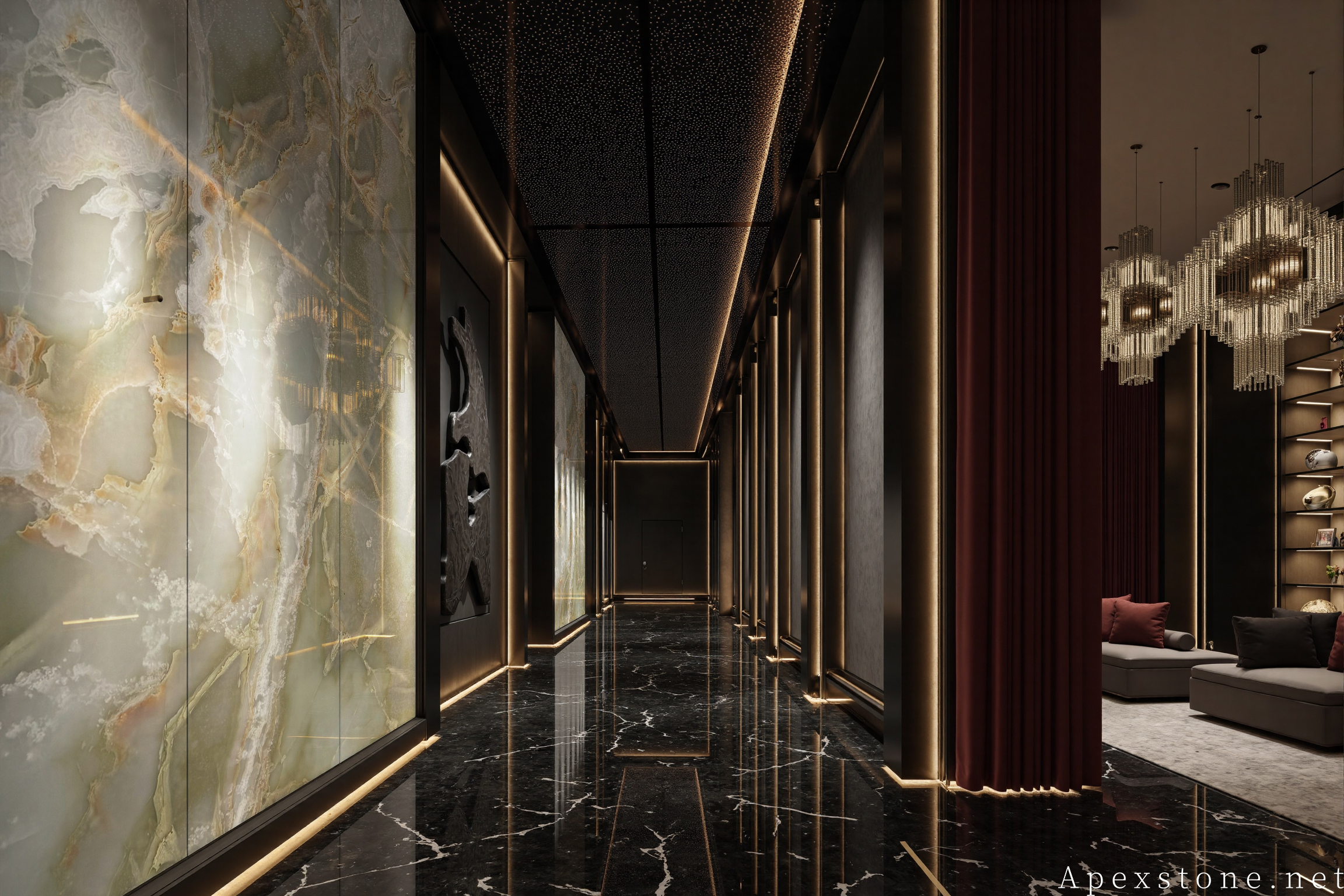 Green Onyx hotel lobby design with feature wall