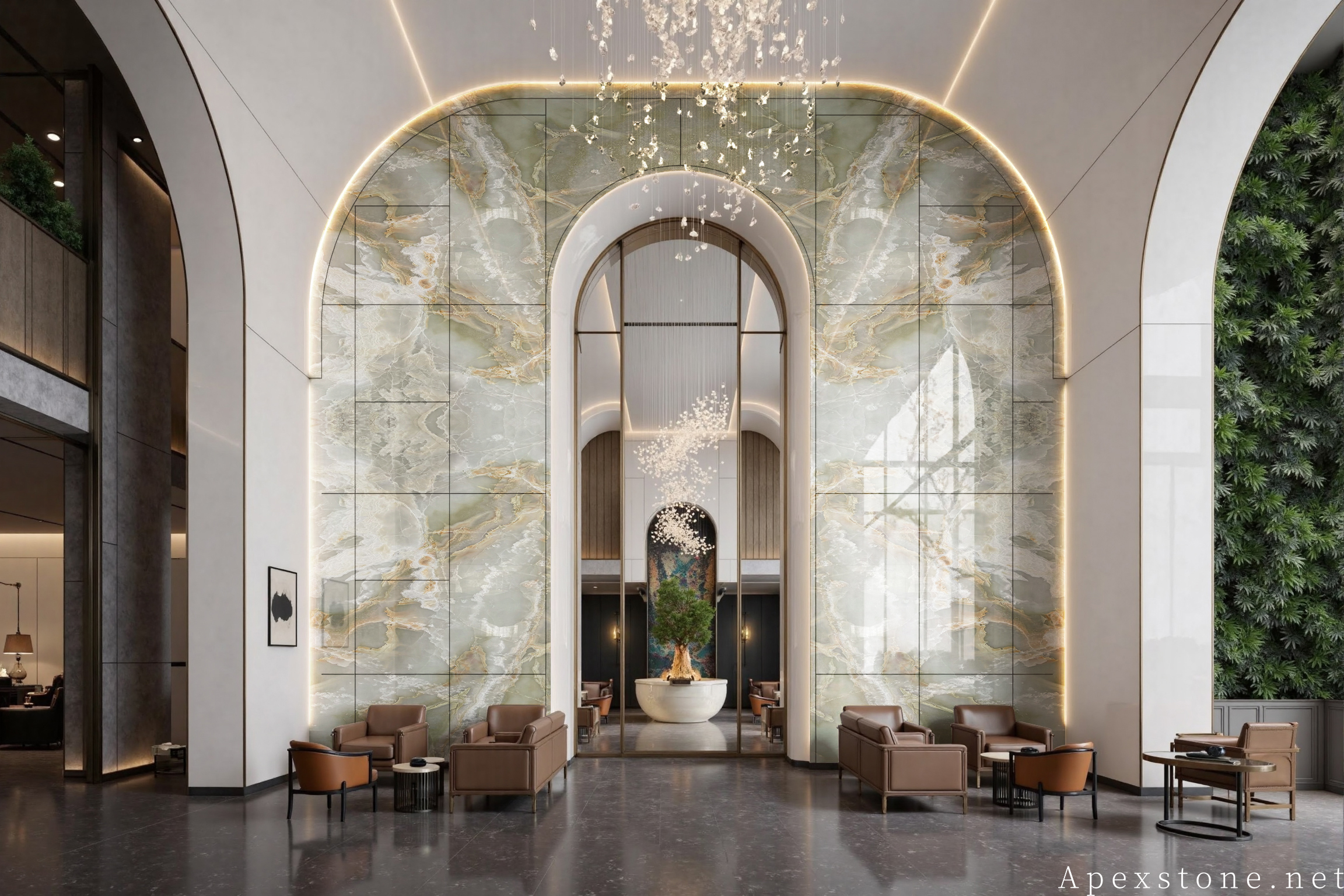 Green Onyx hotel lobby wall with translucent backlit effect in commercial space