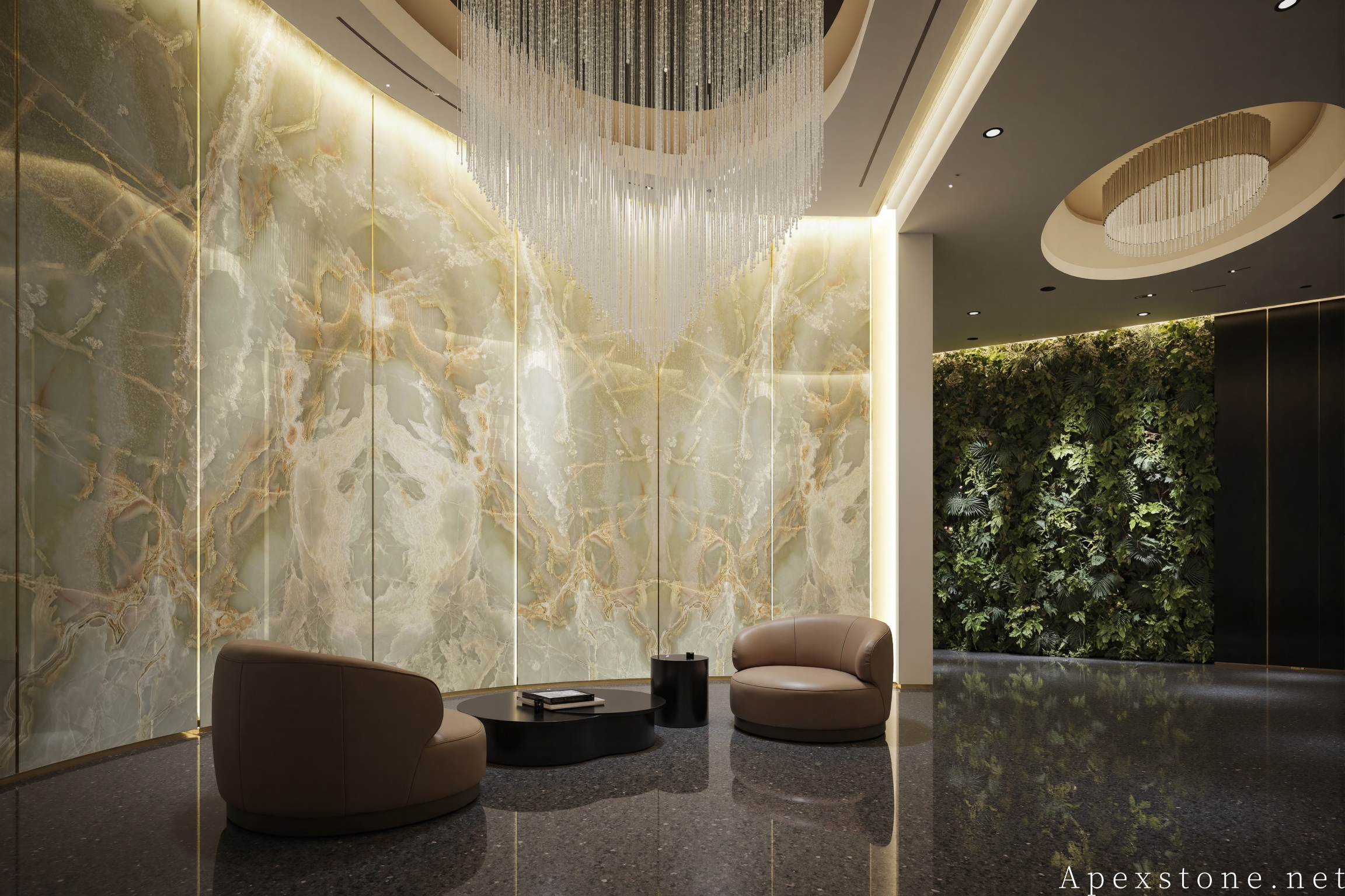 Green Onyx lounge space with stone feature