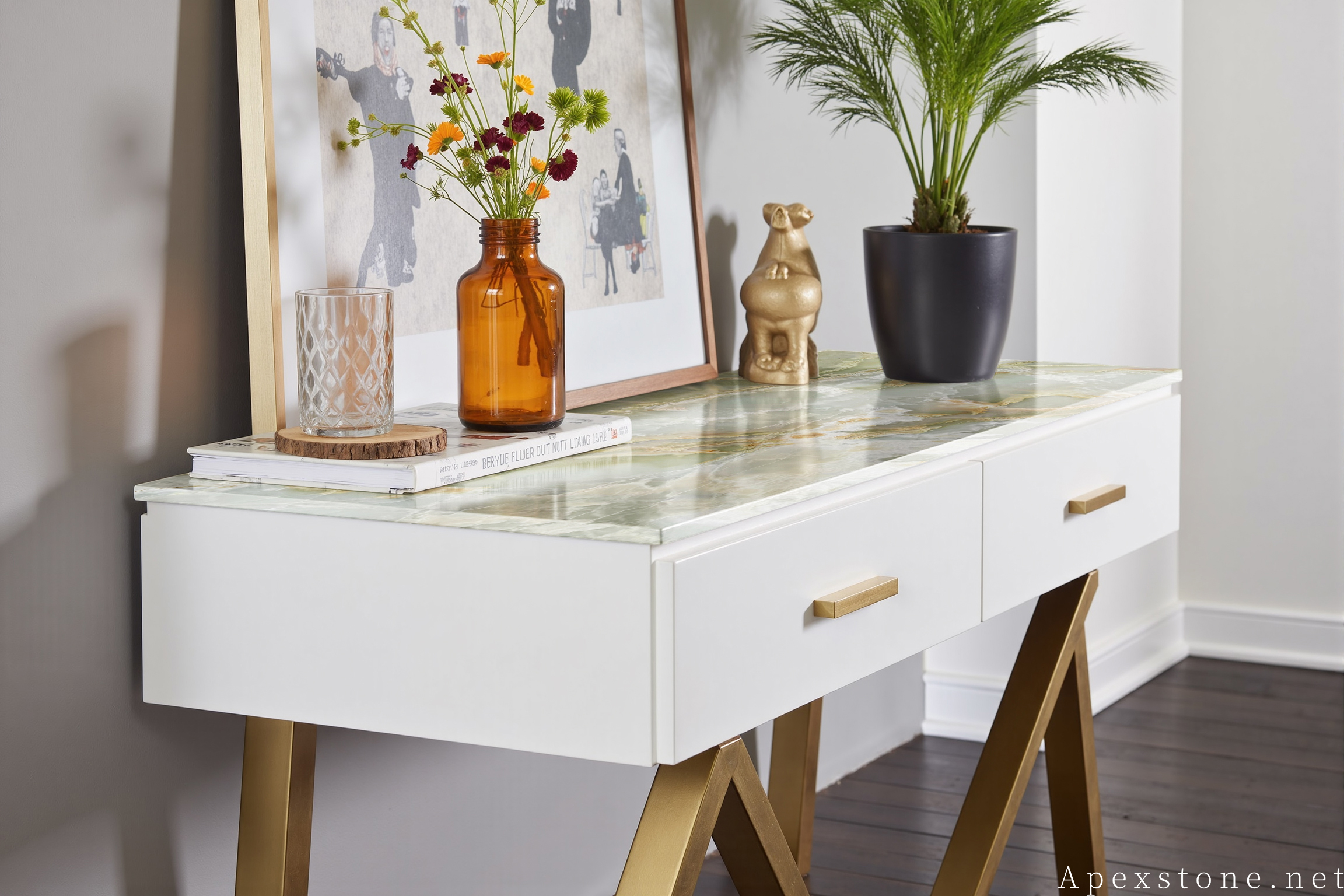 Green Onyx stone console table design idea