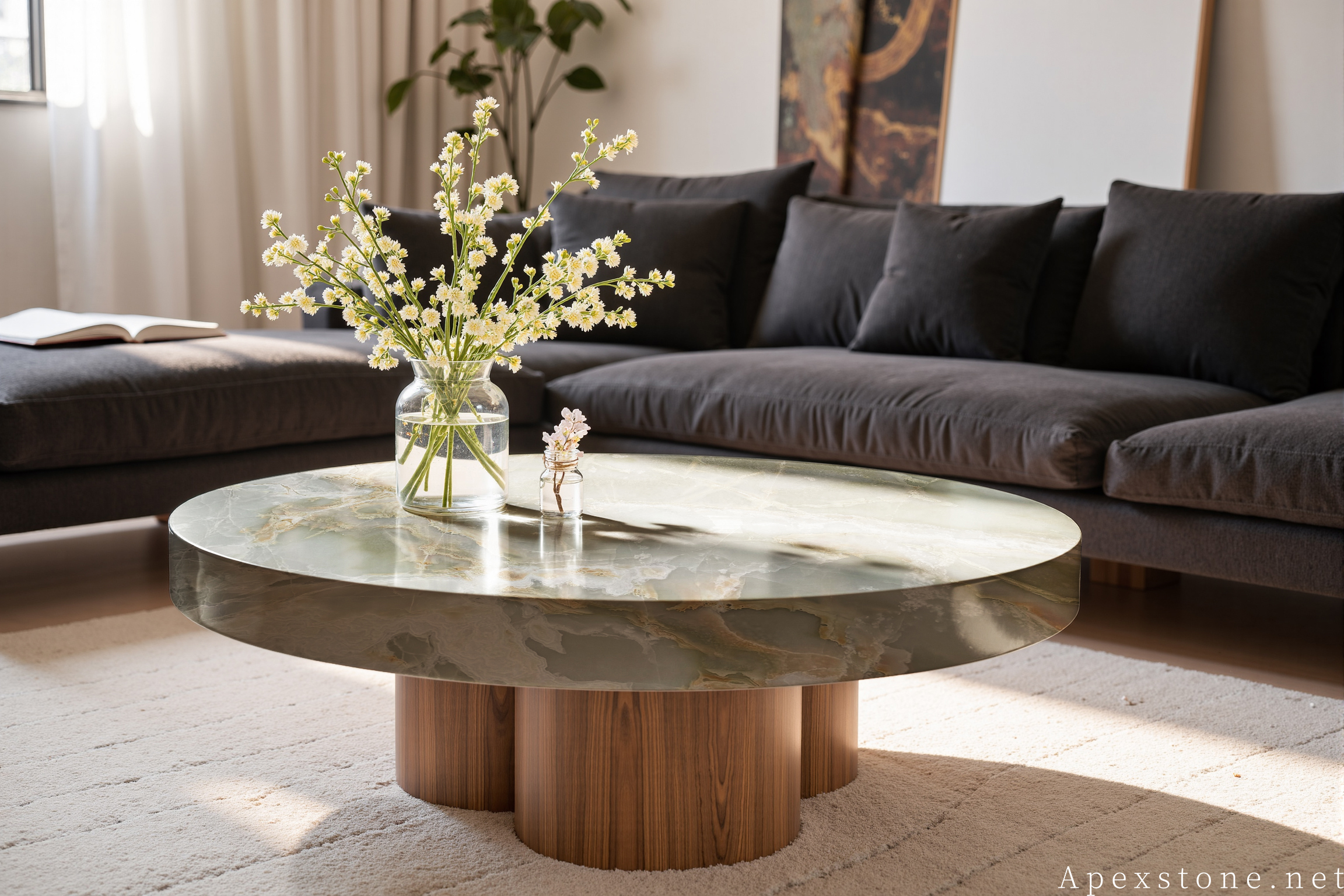 Green Onyx circular pedestal coffee table
