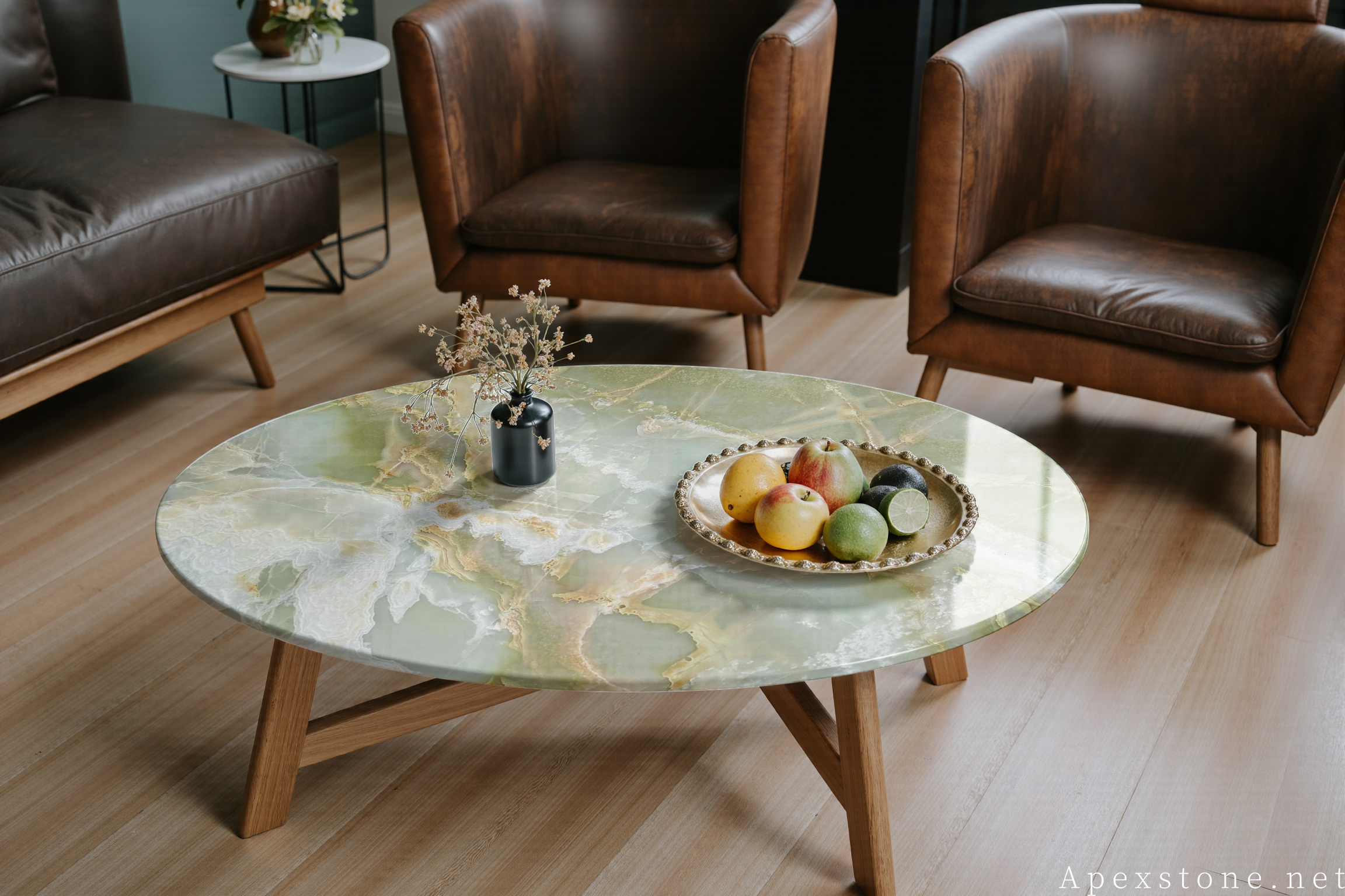 Green Onyx oval wood-base coffee table