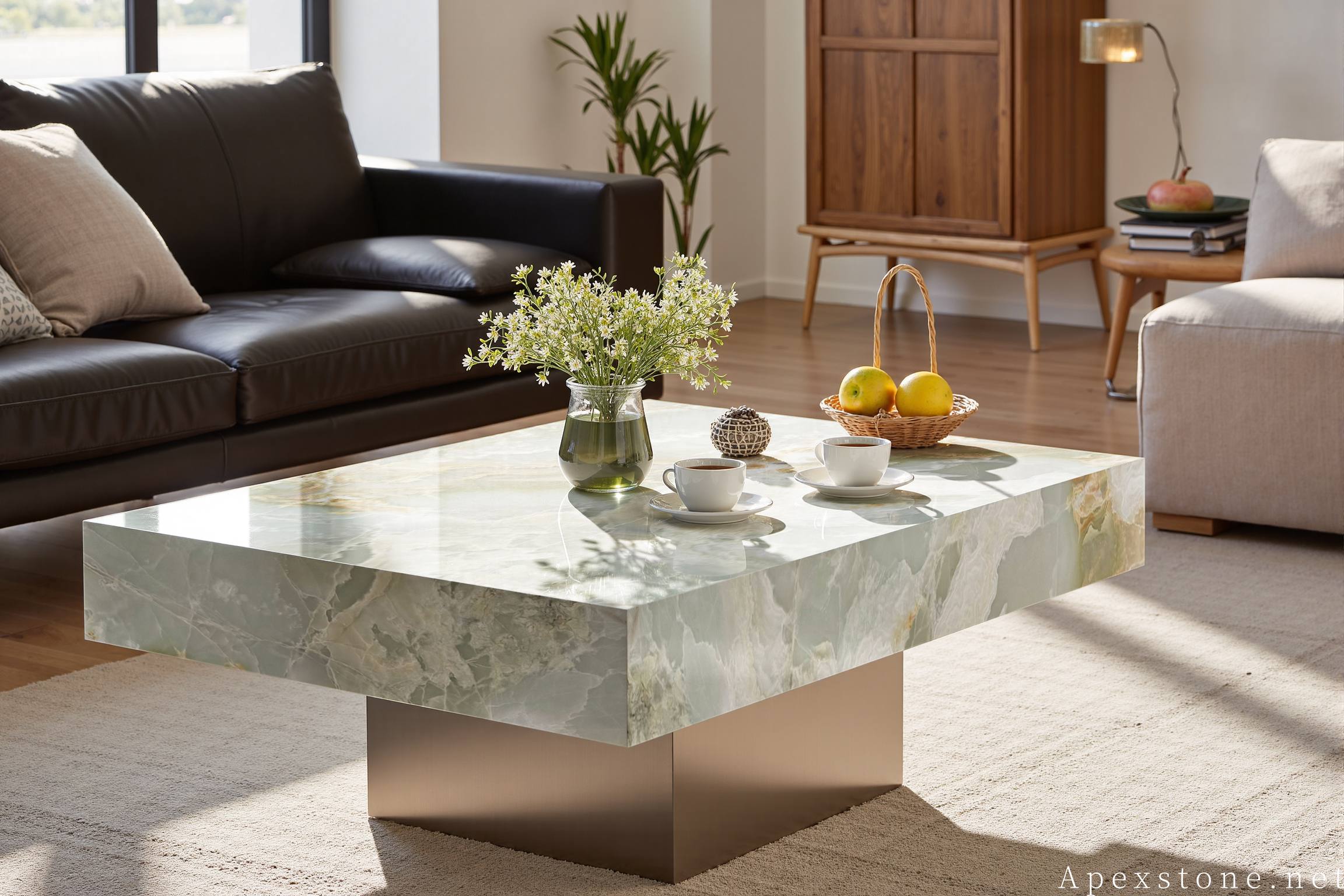 Green Onyx rectangular chrome-base cocktail table