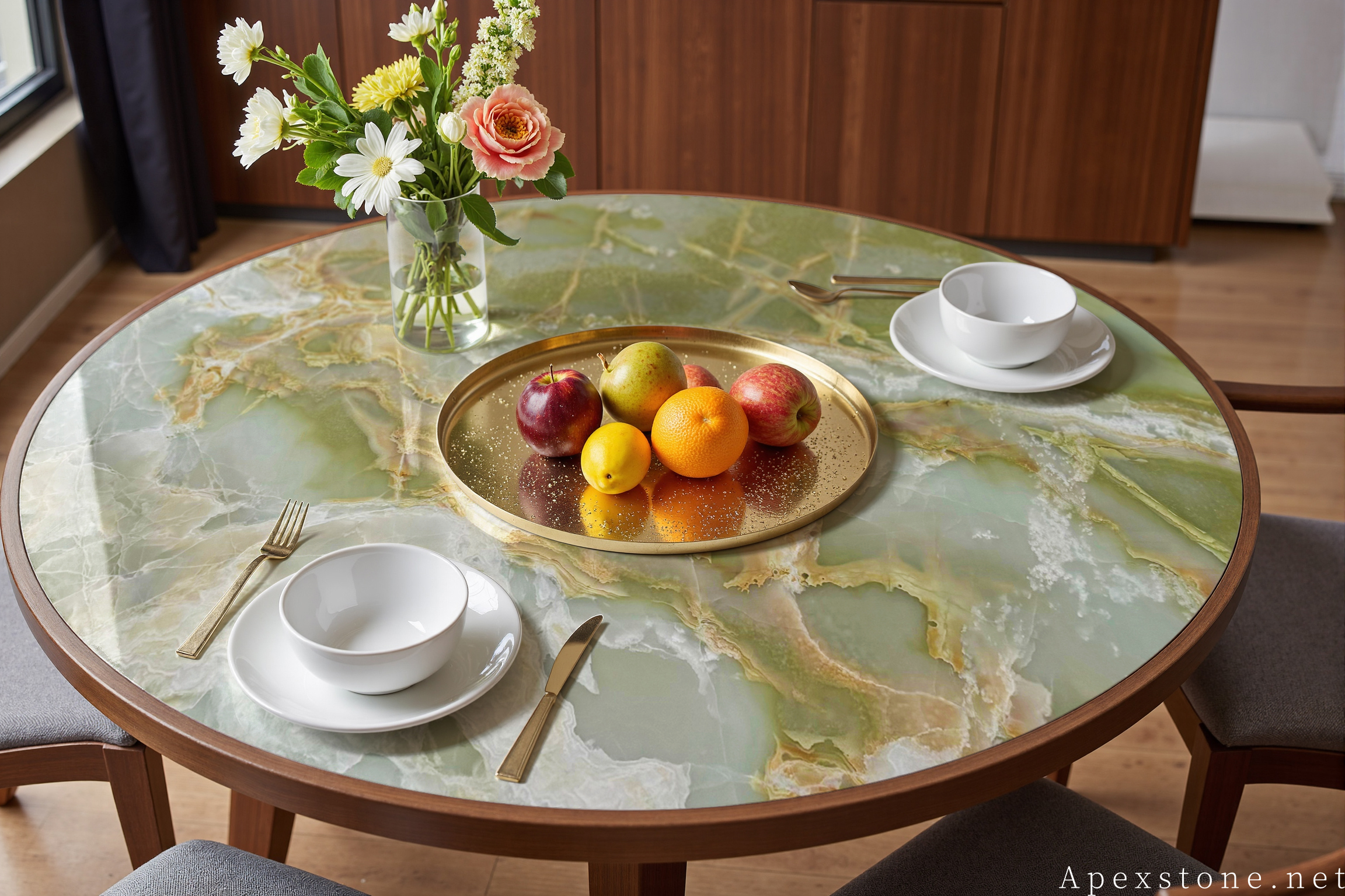 Green Onyx round wood-base bistro table