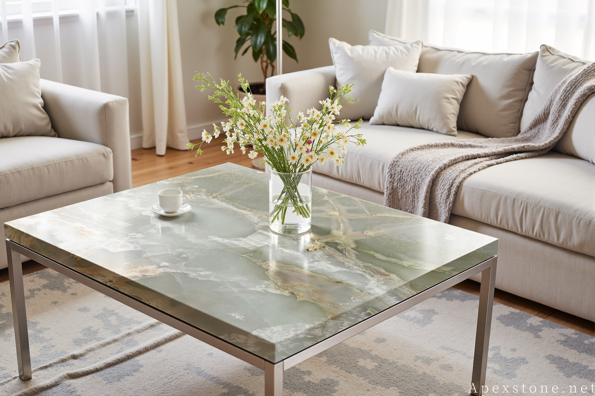 Green Onyx square silver-base cocktail table