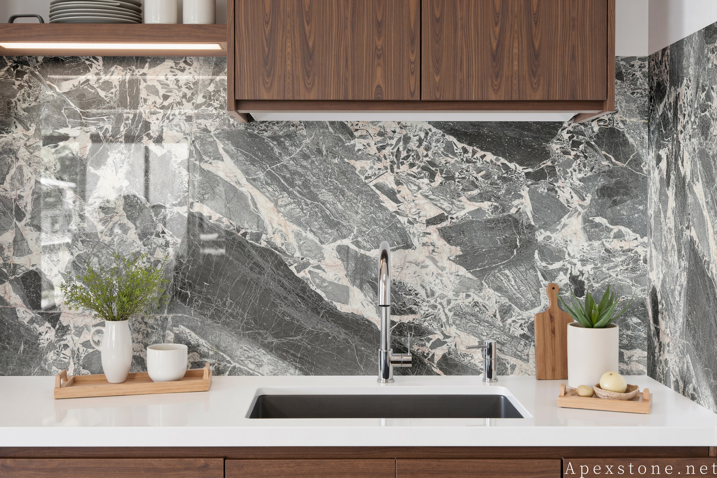Chanel Grey marble backsplash paired with benchtop