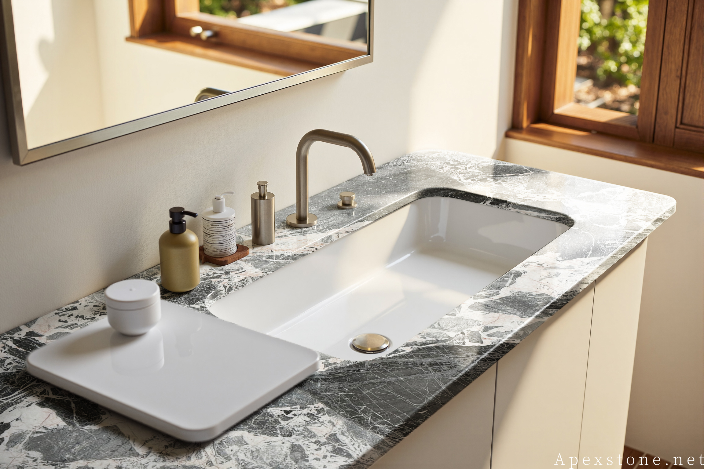 Chanel Grey marble bathroom vanity benchtop installed in bathroom space