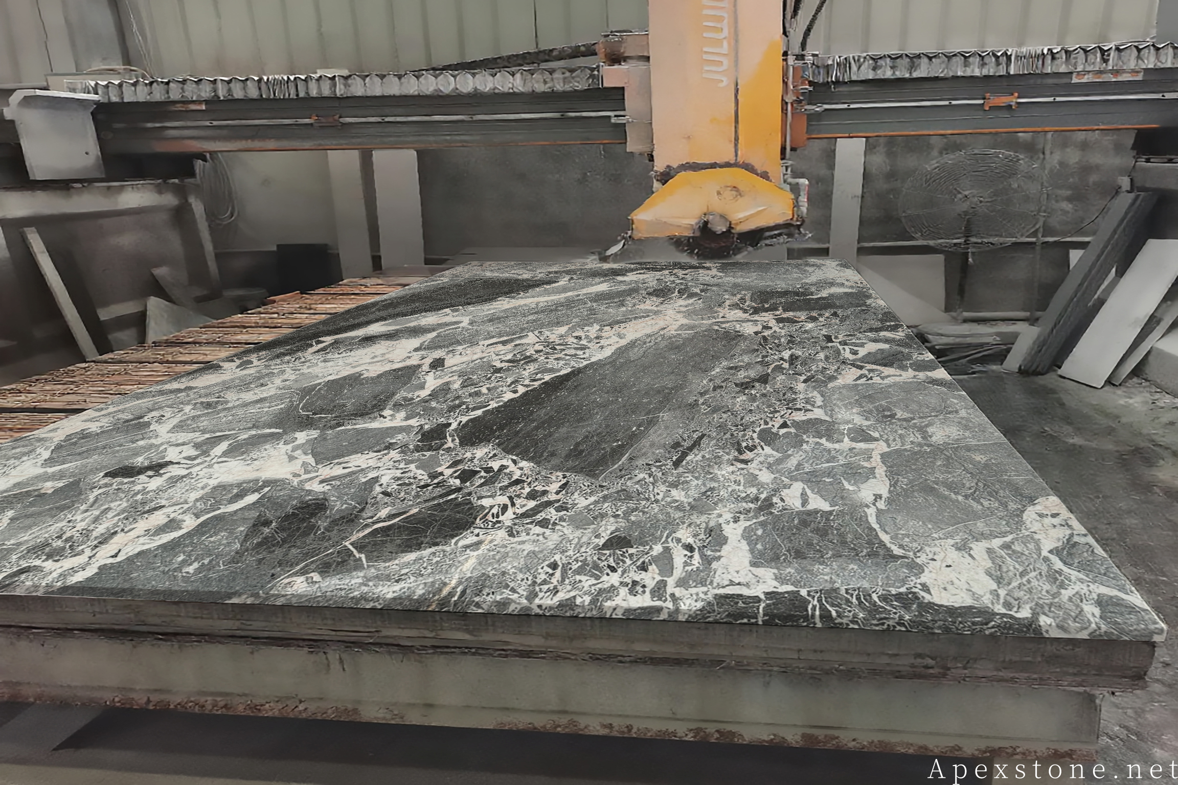 Chanel Grey marble benchtop slab cutting on bridge saw
