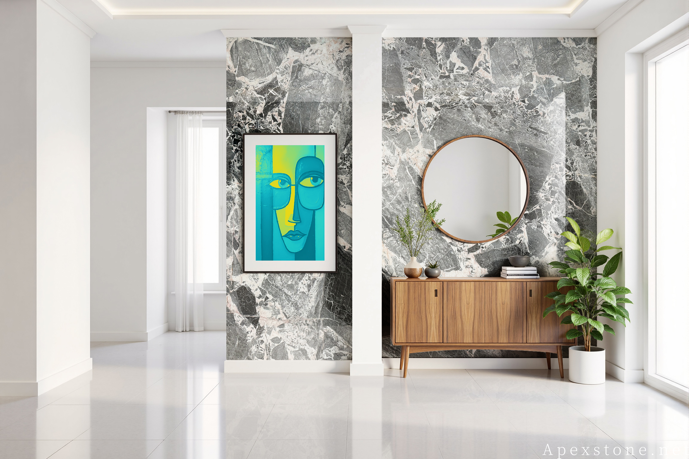 Chanel Grey marble hotel entry hall wall installation