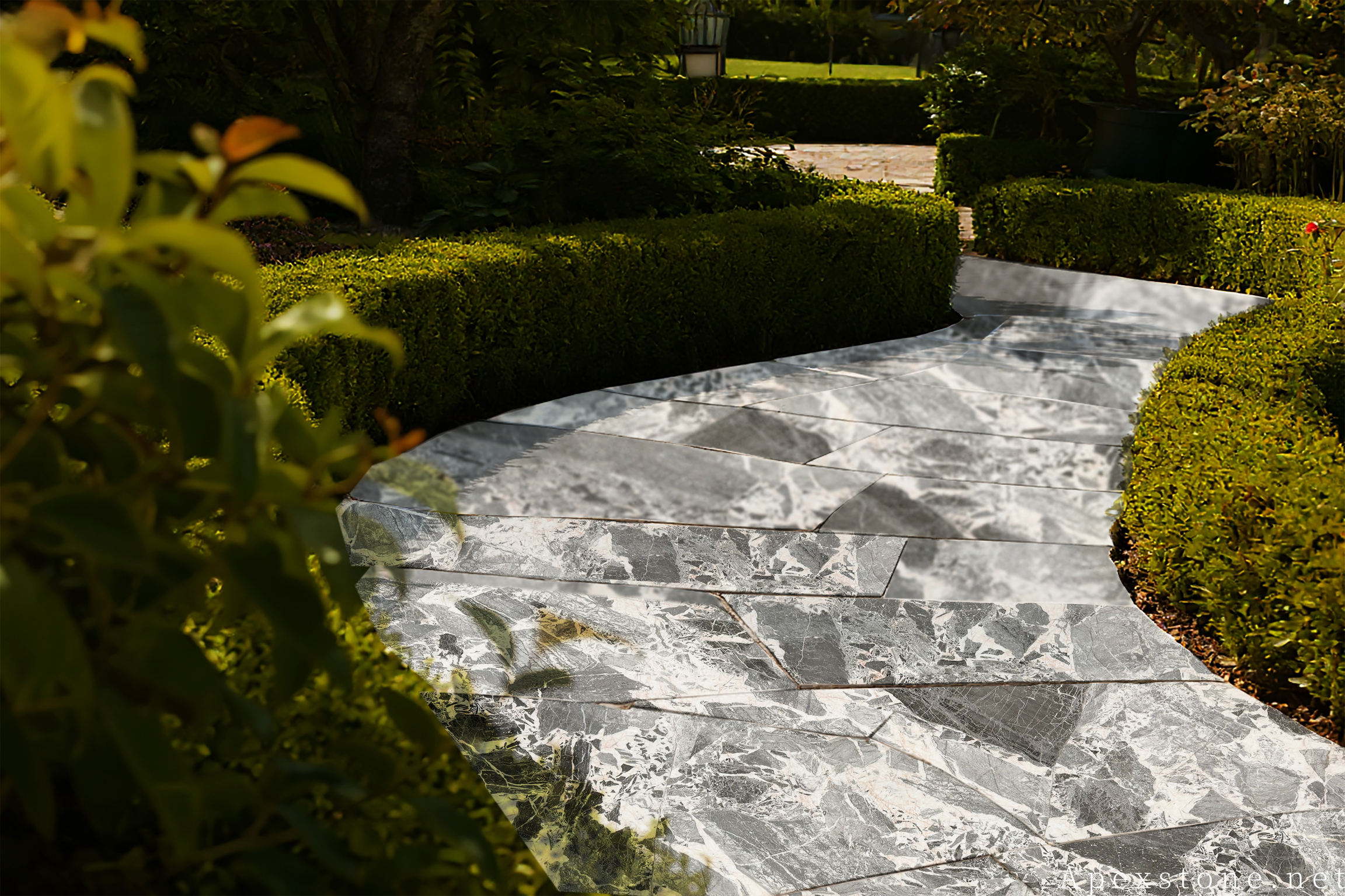 Chanel Grey marble garden crazy paving pathway installed