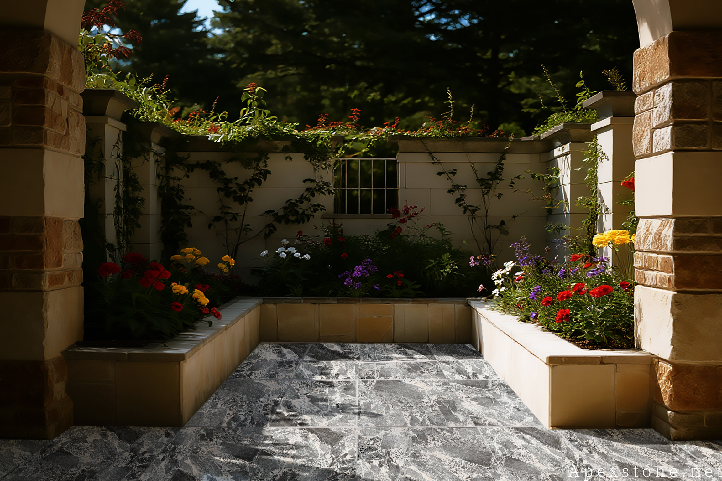 Chanel Grey marble garden landscape design installed