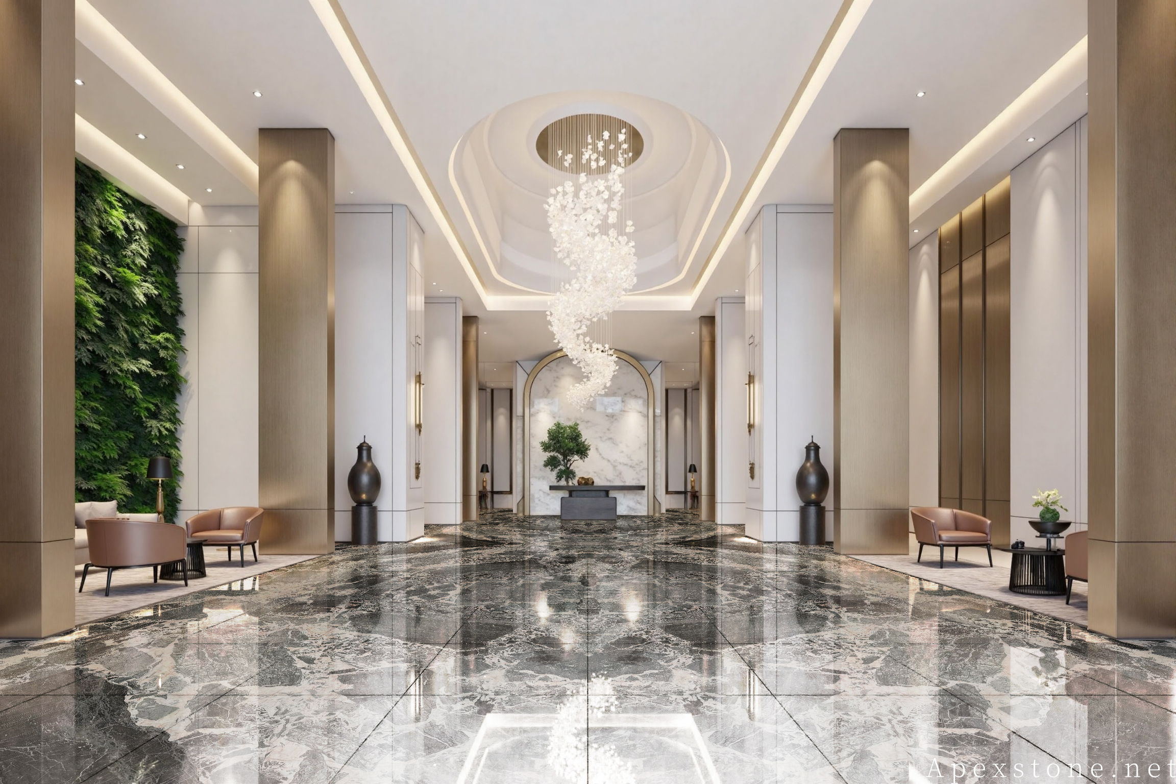 Chanel Grey marble hotel hallway floor installation with soft grey base
