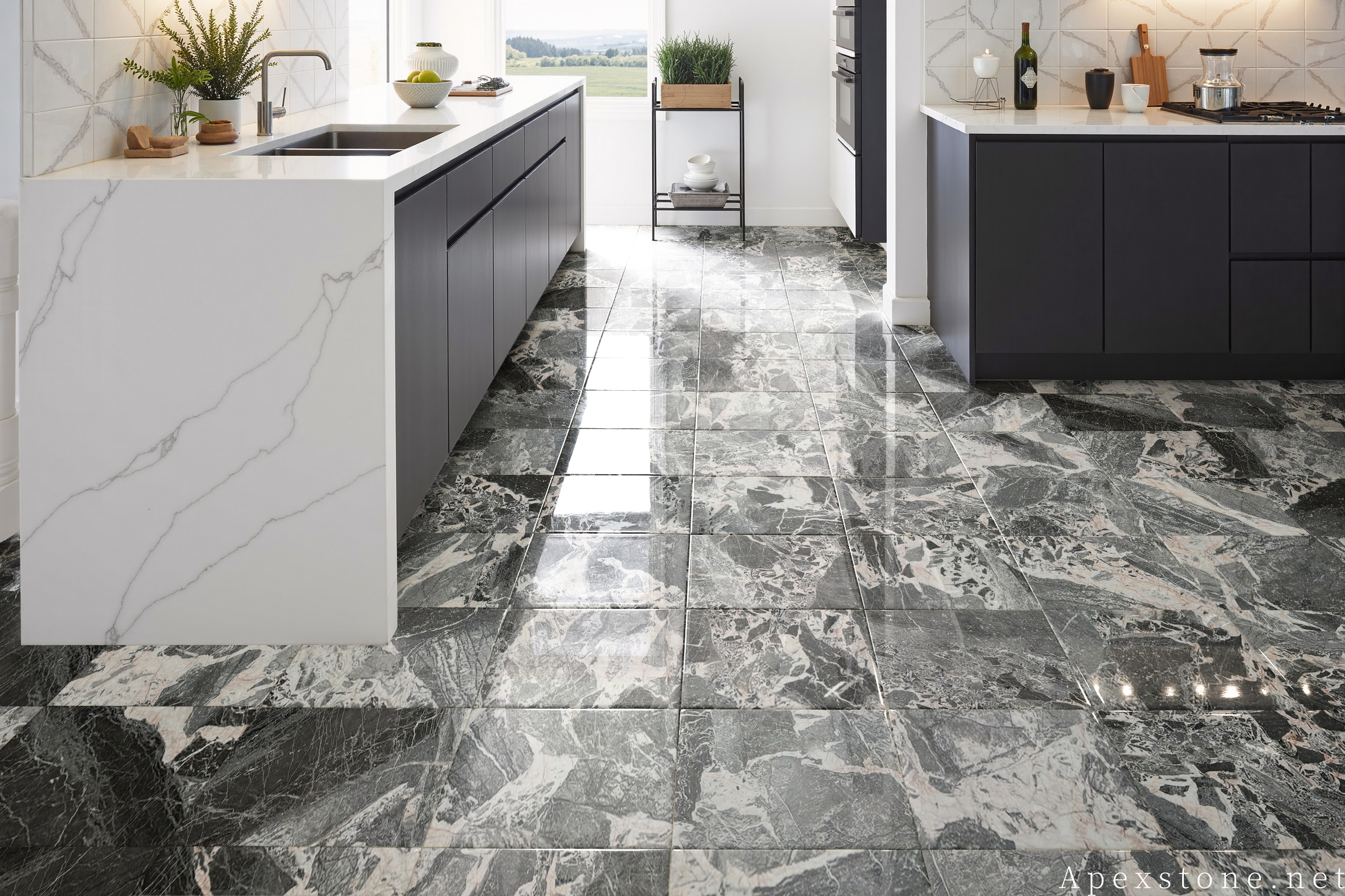 Chanel Grey marble floor tile installed in interior space