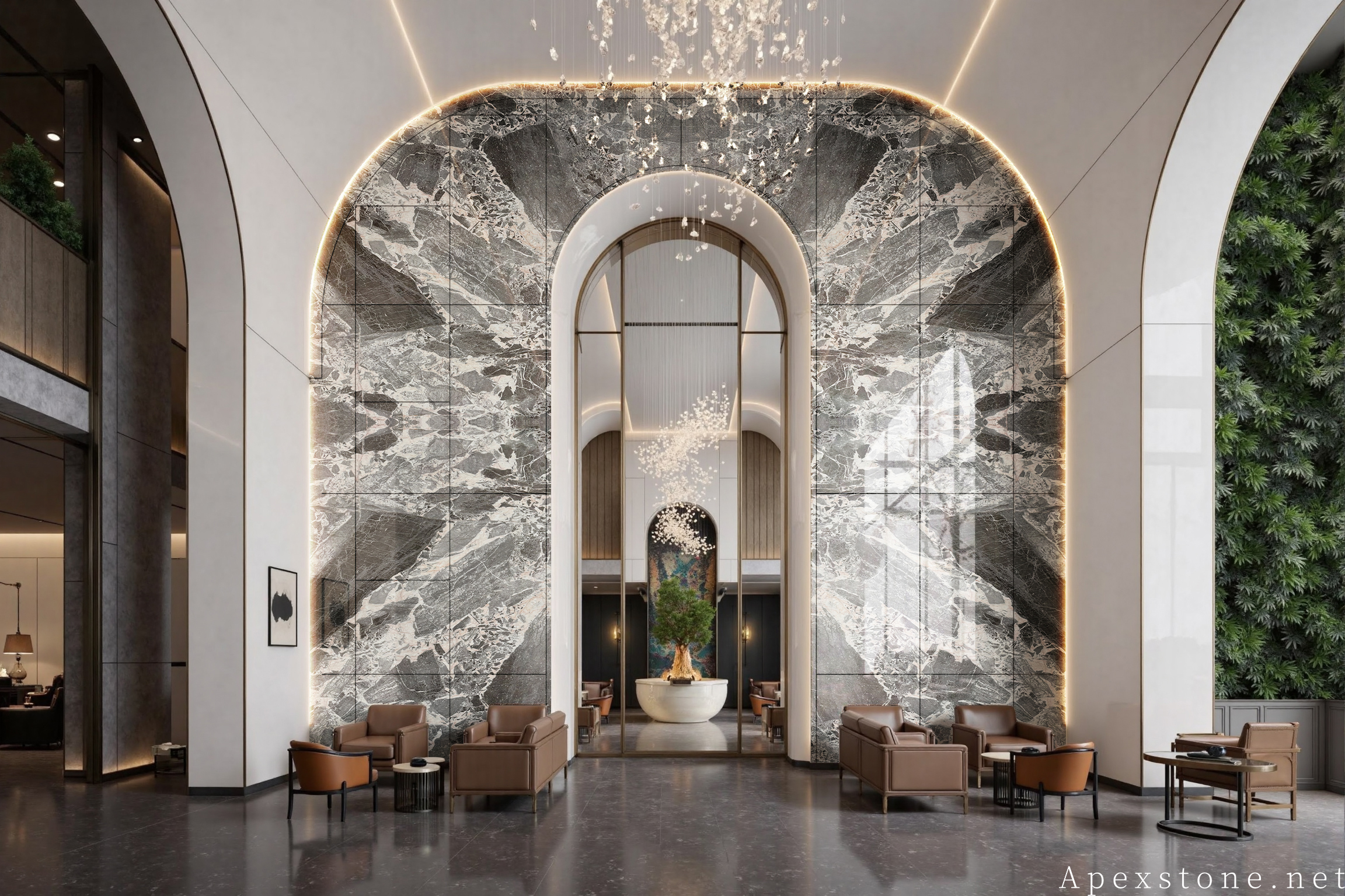 Chanel Grey marble hotel lobby waiting area stone wall