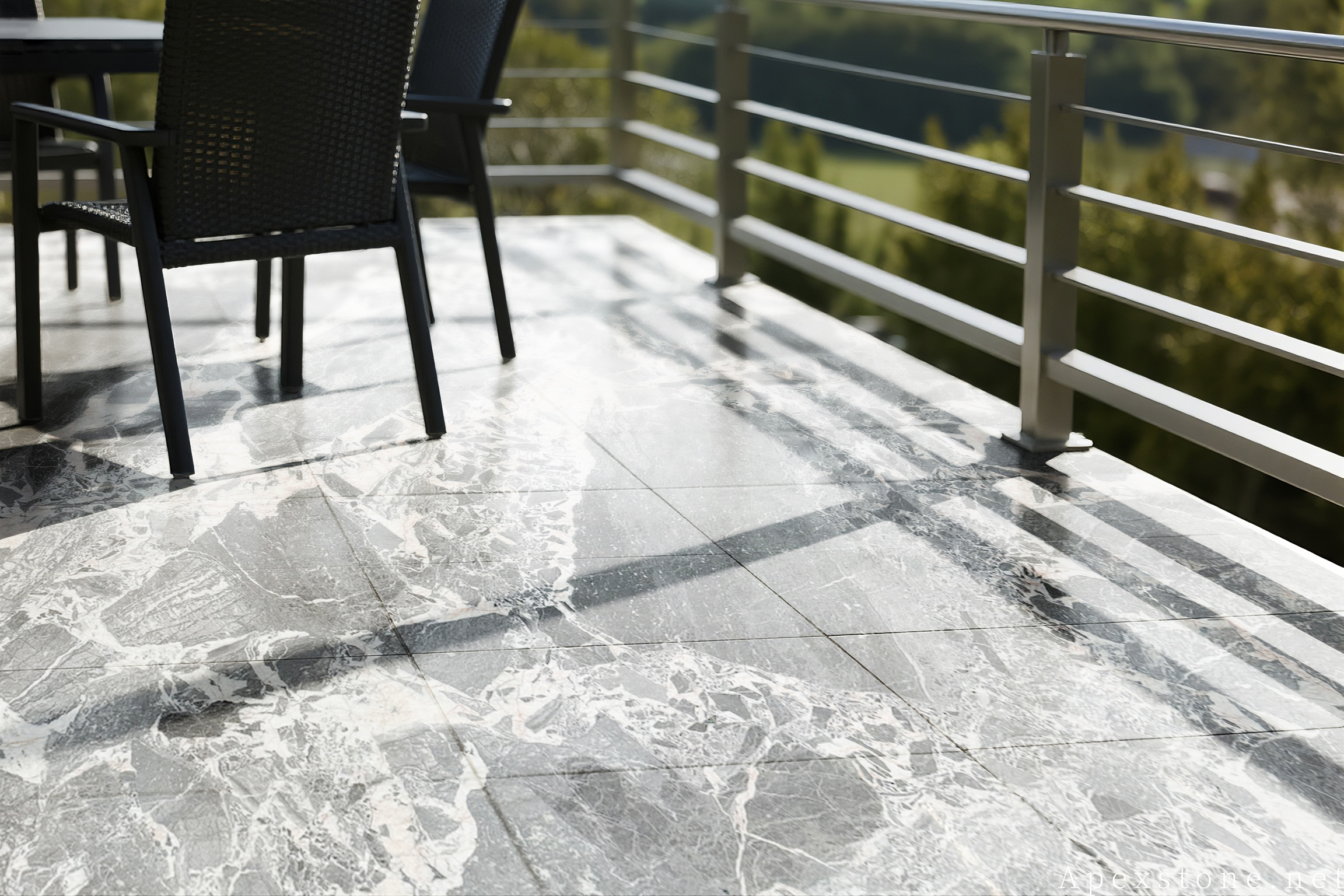 Chanel Grey marble terrace paving installed in outdoor patio