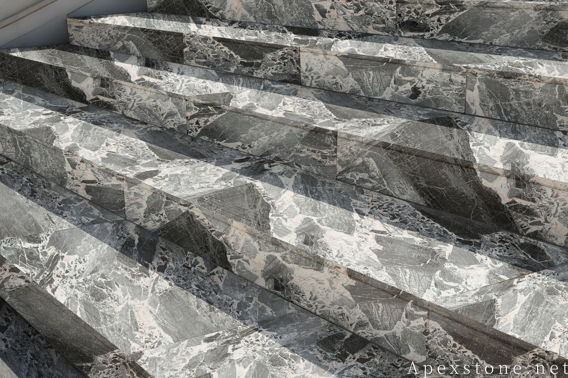 Chanel Grey marble outdoor staircase installed in landscape