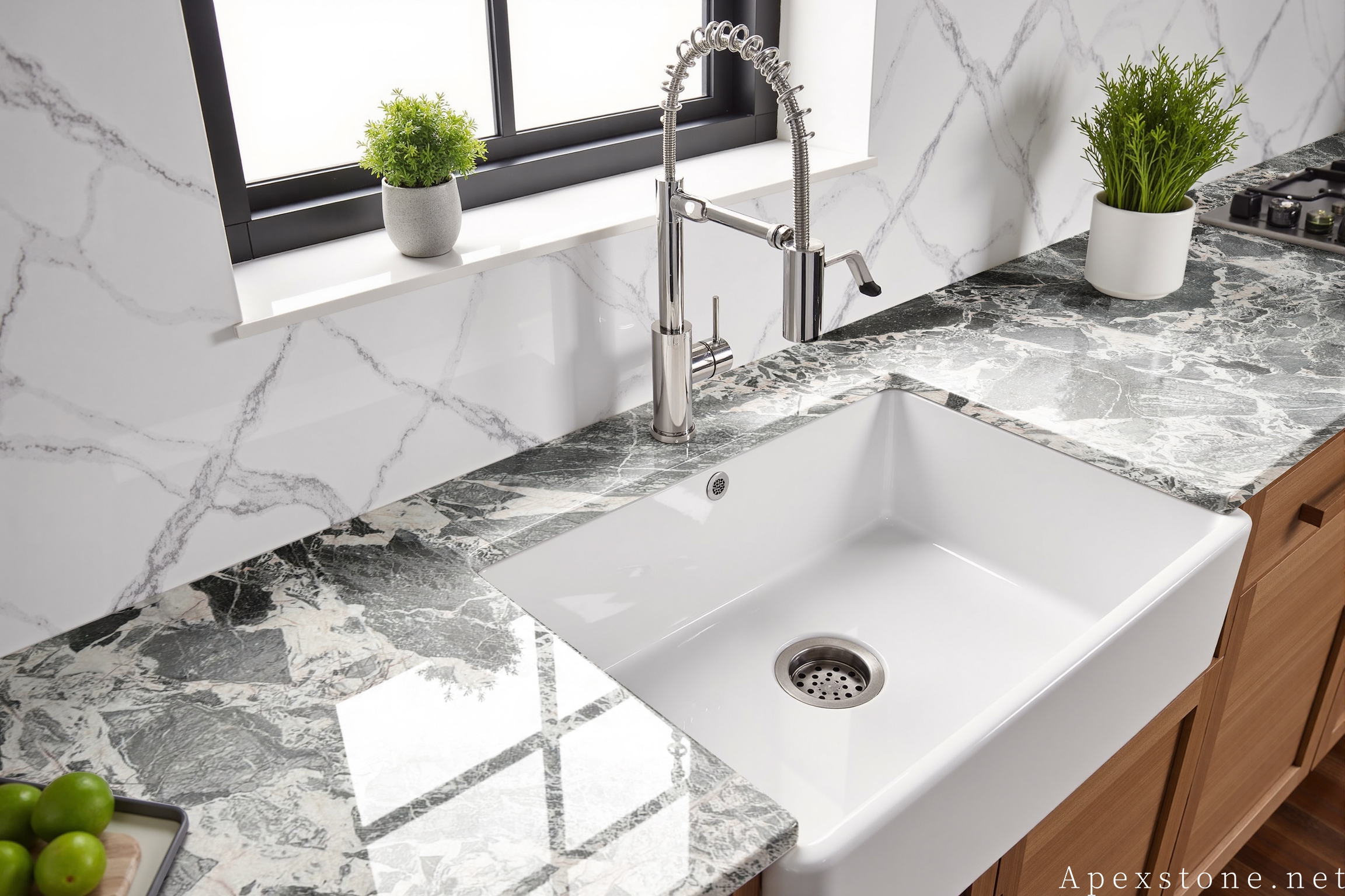 Chanel Grey marble kitchen countertop benchtop in completed kitchen