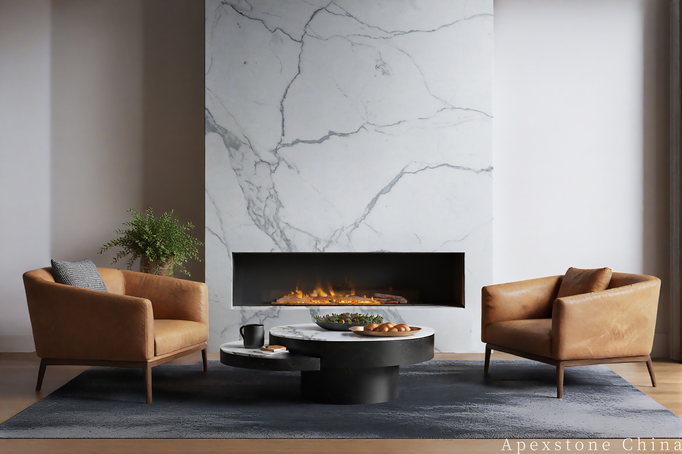 Calacatta White single-panel accent wall in a large living room