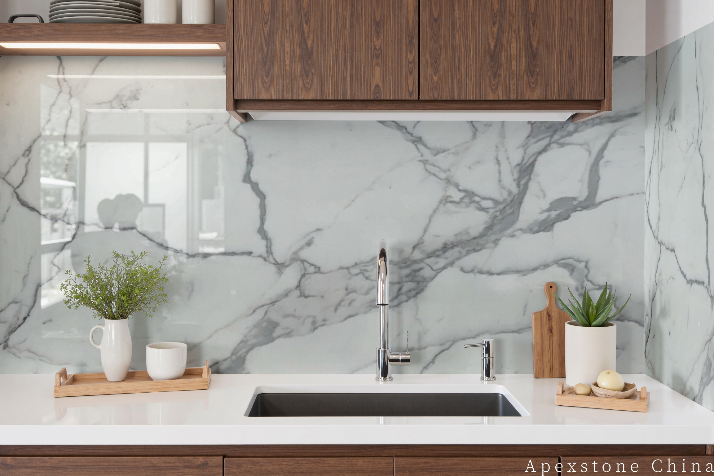 Calacatta White full-stone kitchen backsplash, image 164