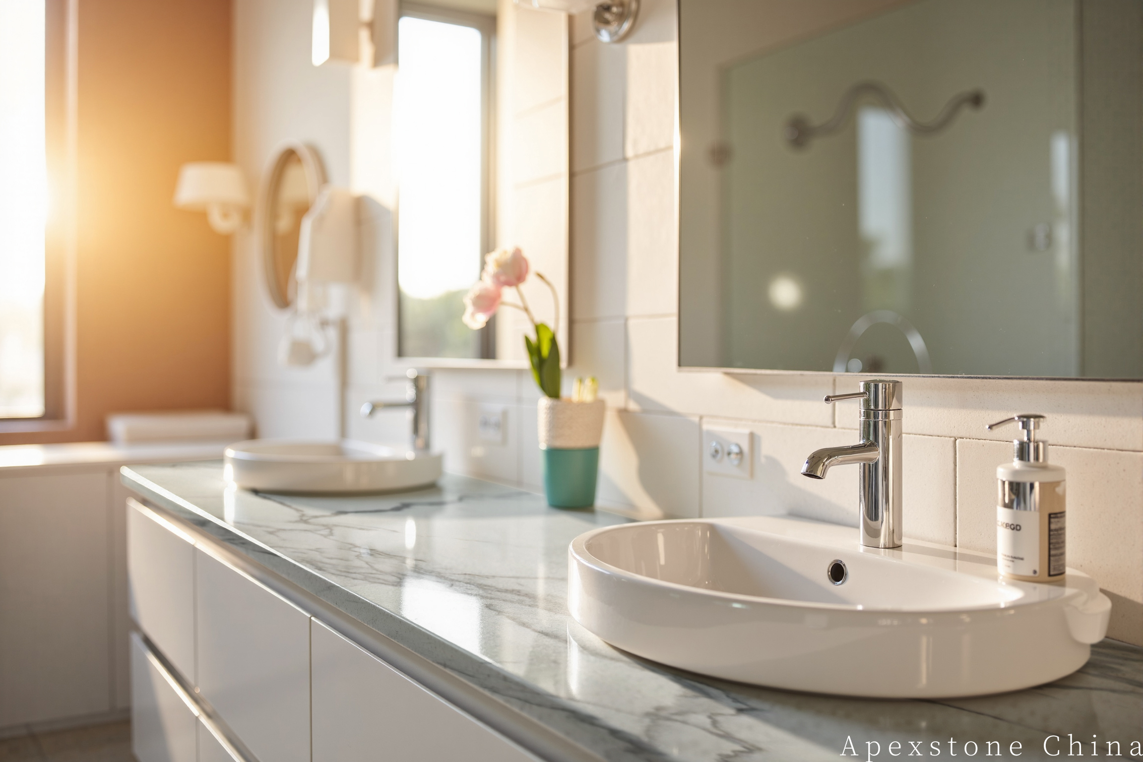 Calacatta White vanity with vessel basin and mirror
