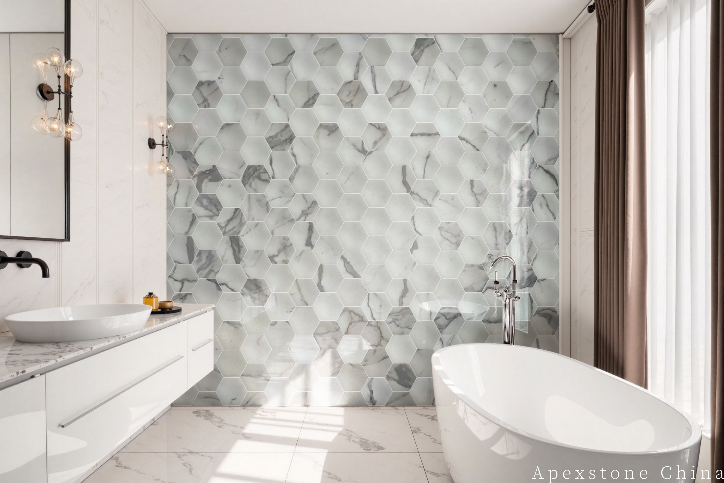 Calacatta White hexagon bathroom wall