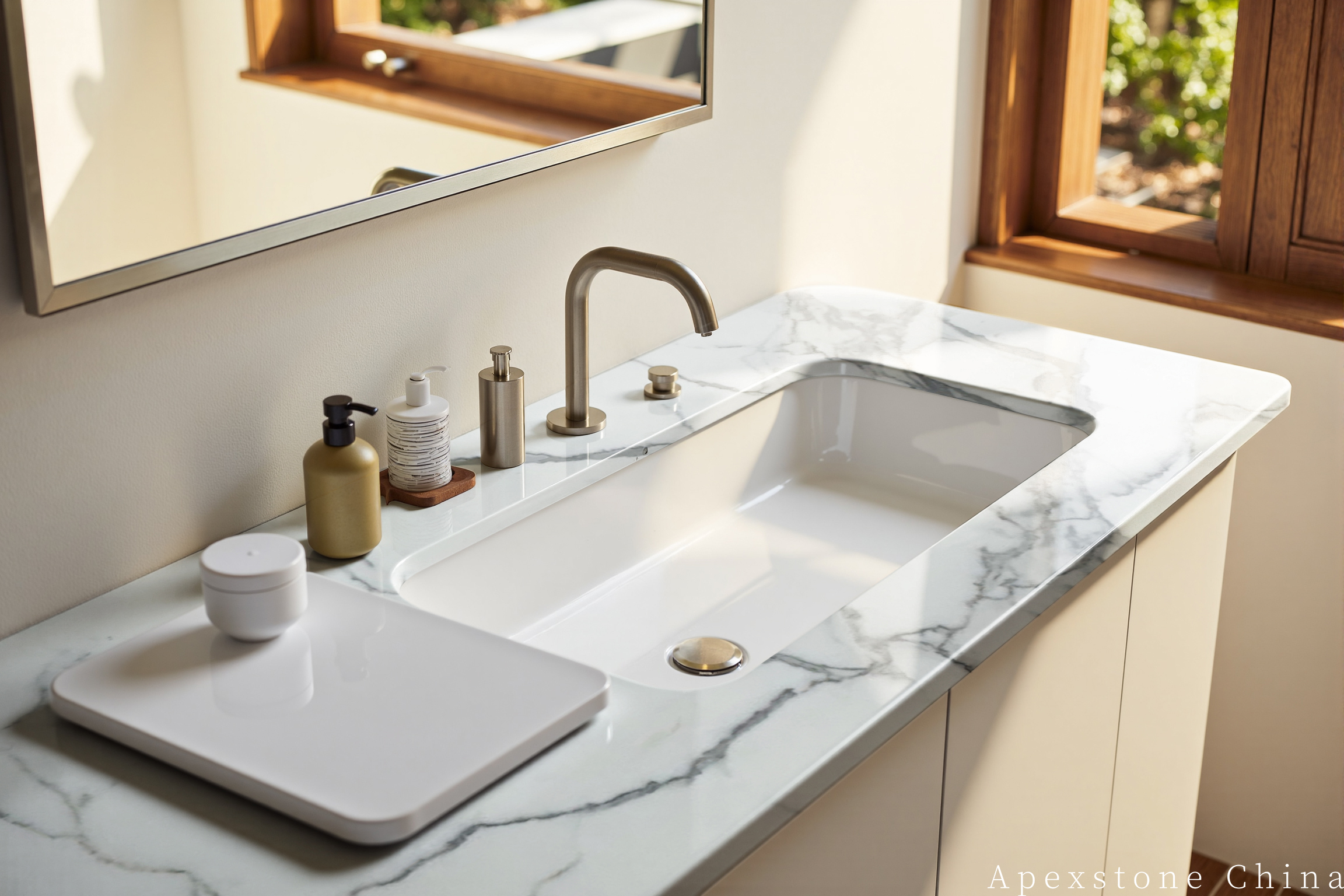 Calacatta White vanity, cabinet and mirror composition