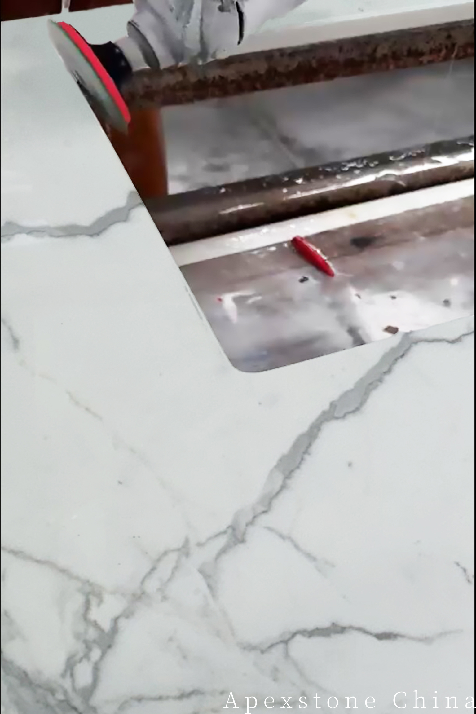 Hand-polished Calacatta White countertop edge