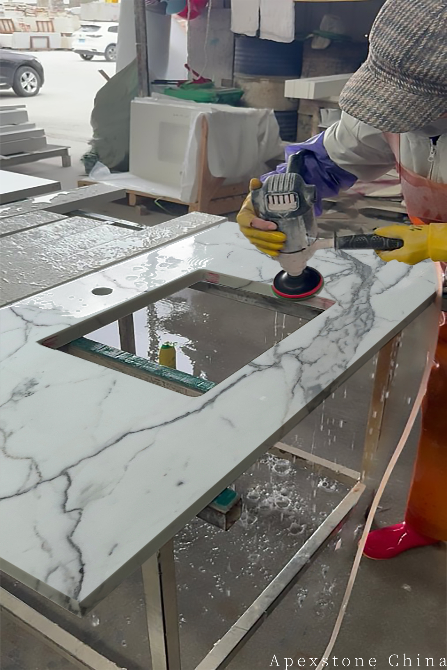 Calacatta White vanity sink cut-out machining
