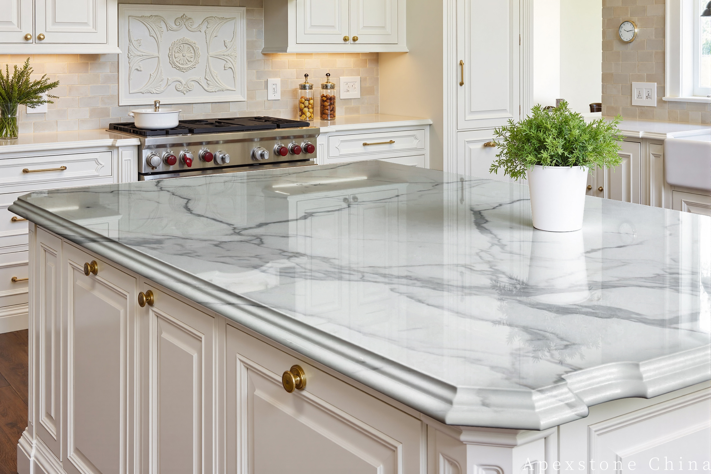 Large Calacatta White kitchen island surface