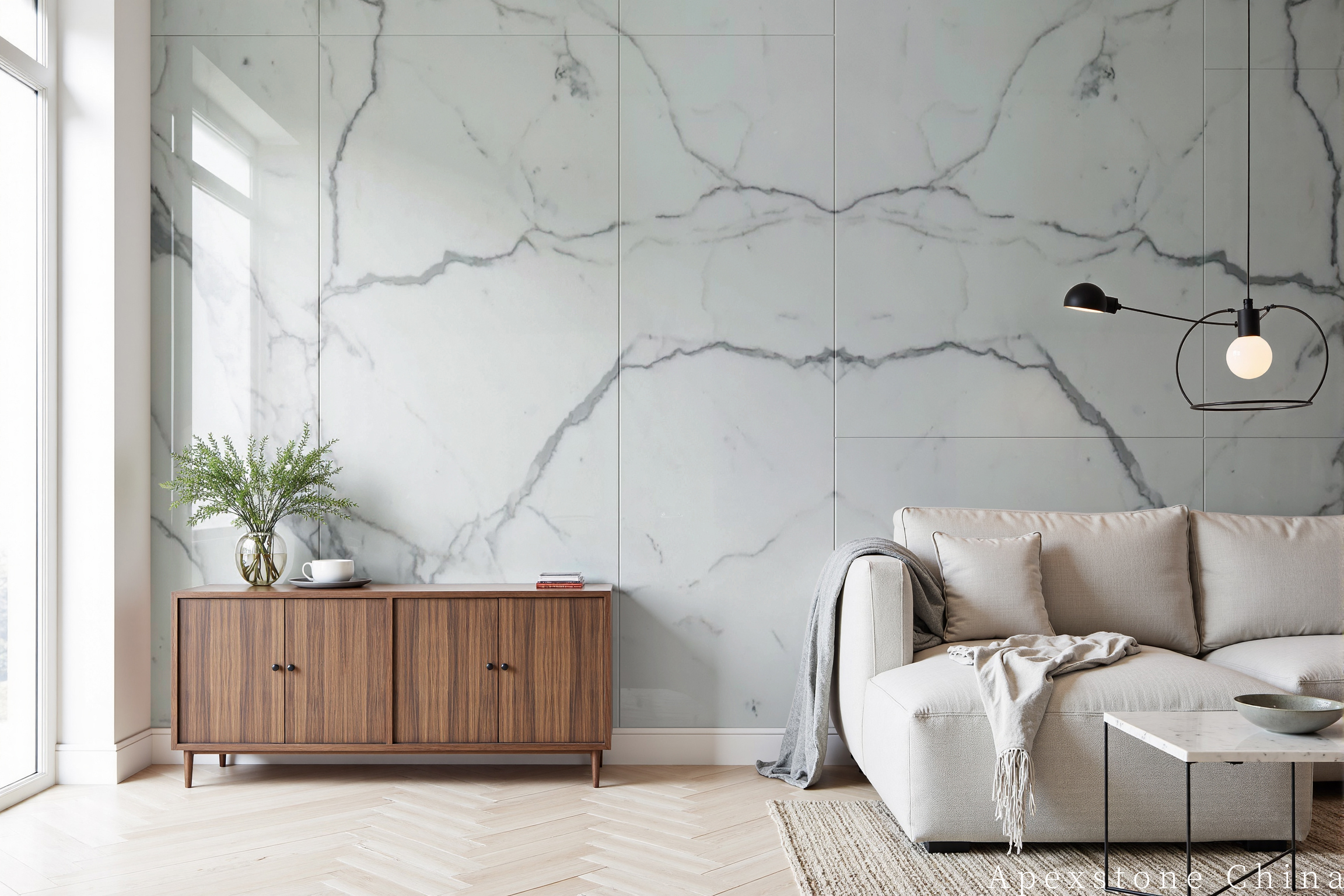 Calacatta White mirrored-vein living room wall