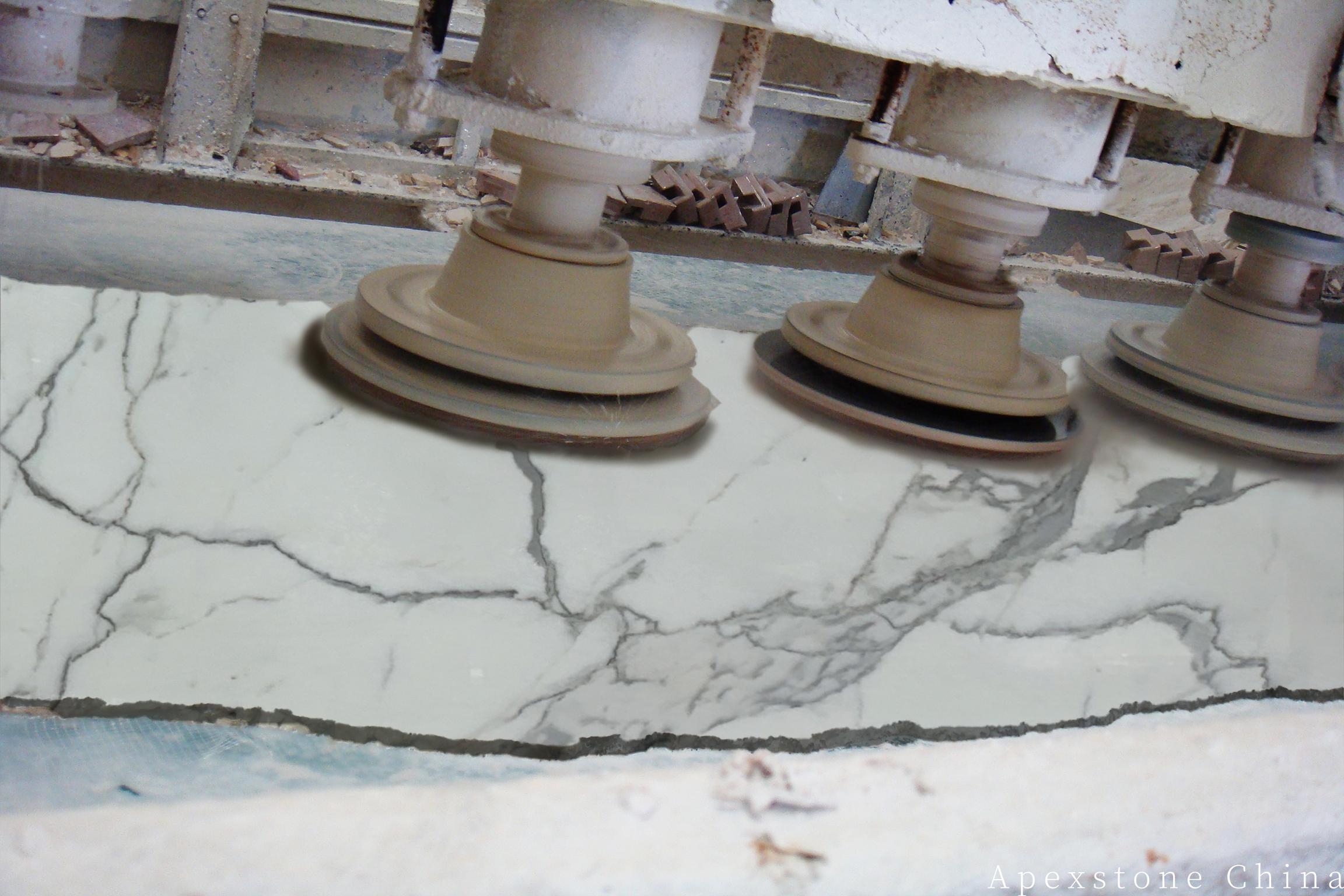 Calacatta White full slabs being polished