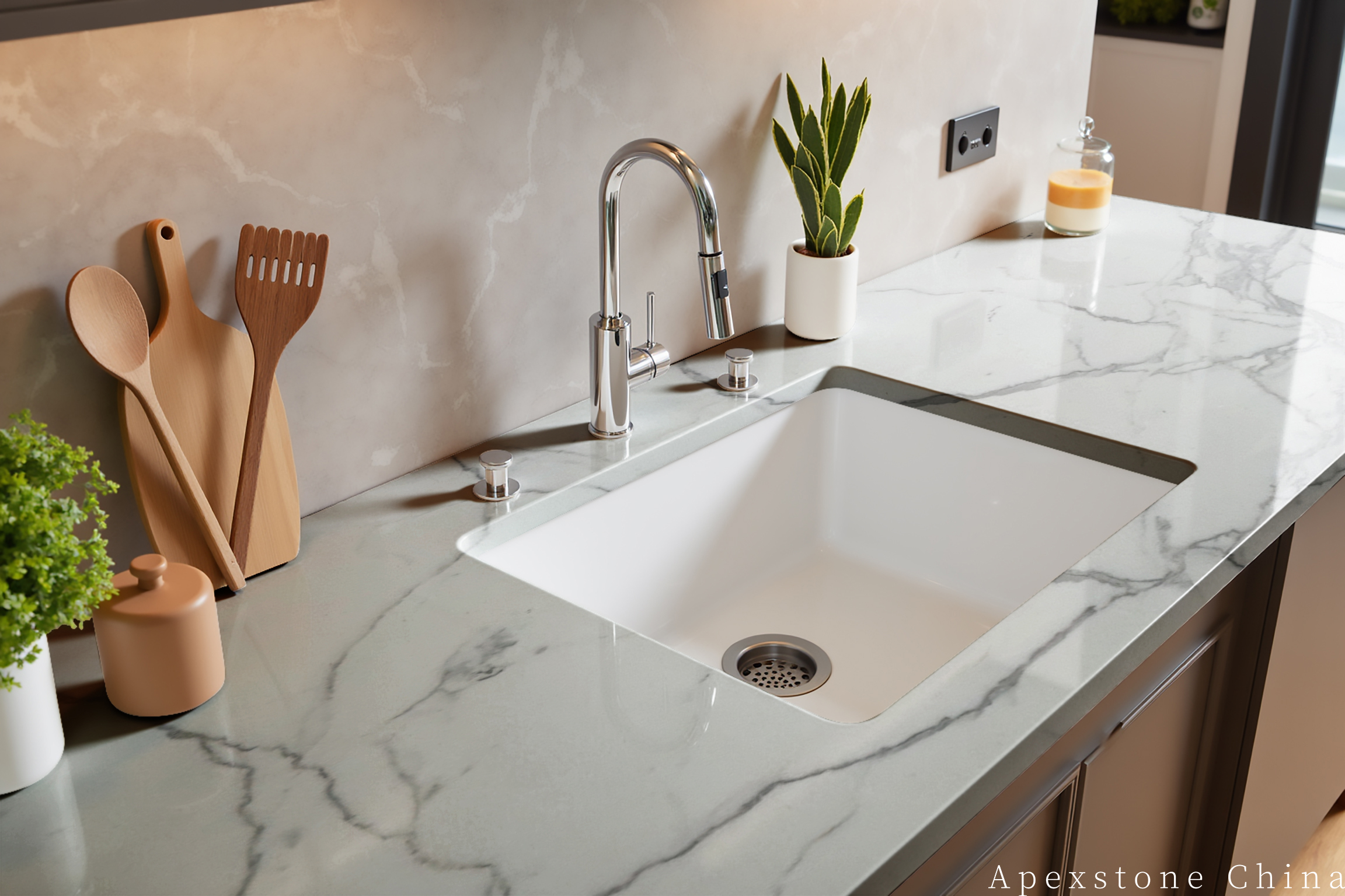 Calacatta White solid stone sink in a bathroom